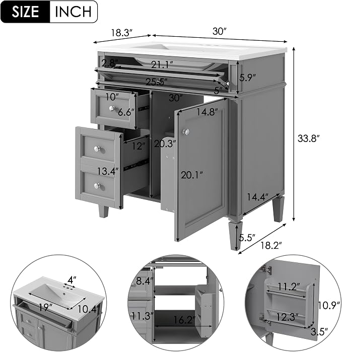 Merax 30 inch Bathroom Vanity with Ceramic Sink, Solid Wood Frame Modern Bathroom Sink Storage Cabinet with 2 Drawers and a Tip-Out Drawer, Single Sink Bathroom Vanities, Grey