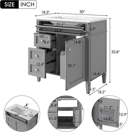 30-Inch Bathroom Vanity with Sink Combo,Undermount Single Basin Vanity Set w/Tip-Out and 2 Drawers,1 Soft Closing Door,Modern Storage Cabinet for Small Space Bathroom,Easy Assembly,Grey