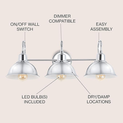 JONATHAN Y 27" Chrome Farmhouse Industrial 1-Light LED Vanity Wall Sconce for Bathroom Mirror Kitchen, Metal Shade, Dimmable Vintage Lighting, LED Bulb Included (JYL7483A)