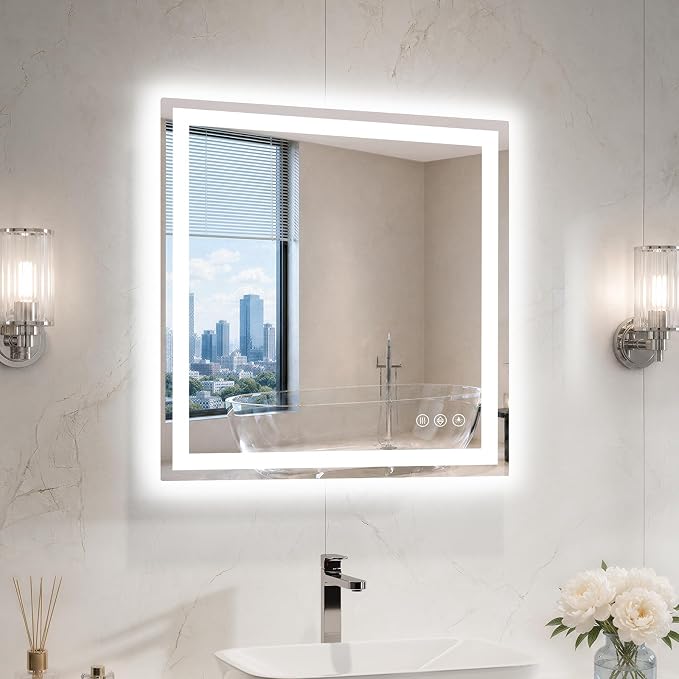 24"x24" LED Bathroom Mirror with Lights, Anti-Fog, Backlit+Frontlit | CRI 95, Stepless Dimmable, 3 Colors Lighting, Shatterproof Tempered Glass, HD Reflection, Memory, (Horizontal/Vertical)