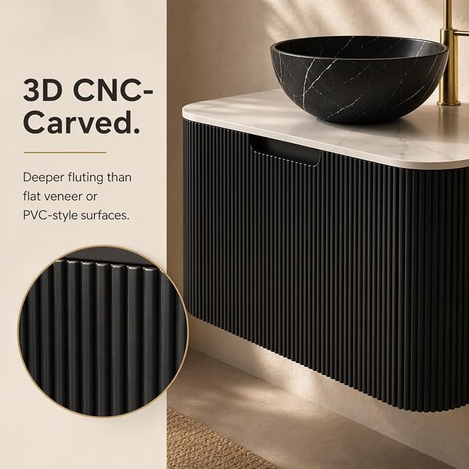 30 Inch Bathroom Vanity with Sink, Floating Wall Mounted Single Sink Vanity, Black Curved Fluted Front, Stone Top, Black Marble Vessel Basin, Pre-Assembled