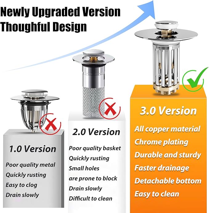 Anlige Bathroom Sink Drain Strainer, 2PCS 3 in 1 Pop Up Bathroom Sink Stopper with Removable Brass Basket Hair Catcher, Universal Sink Plug for 1.06 to 1.6in Drain Hole, Chrome Silver