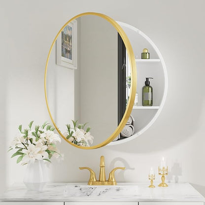 Keonjinn 24 x 24 Inch Round Medicine Cabinets for Bathroom, Gold Mirror Medicine Cabinet Wall Mounted, Modern Medicine Cabinet Surface Mount Only, Circle Framed Vanity Mirror with Storage