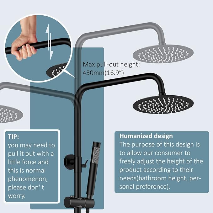 Aolemi Outdoor Shower SUS304 Outside Kit Handheld Tub Spout Matte Black | 8 Inch Head, Handheld Spray, Swivel Tub Faucet, Adjustable Height,Outside Exposed Shower Fixture,Single Handle,Wall Mount