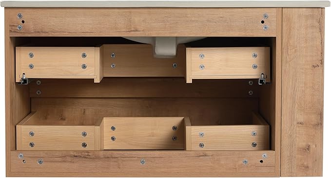 Henf 36 Inch Wall Mount Bathroom Vanity W/Sink Combo, Modern Design Vanity Cabinet with Ceramic Basin, Floating Mounting Bathroom Cabinet Set with 2 Drawer and Adjustable Storage Shelf, Oak