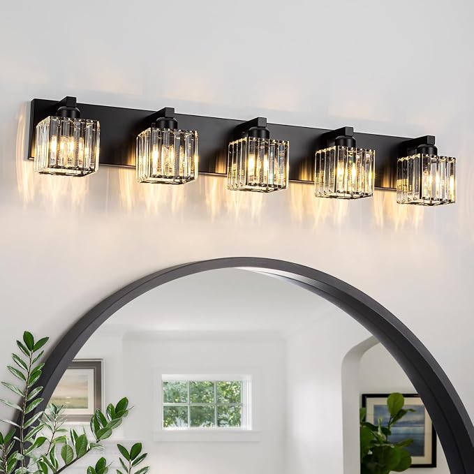 35.43" Black Crystal Bathroom Vanity Light 5-Lights Modern Bathroom Lighting Fixtures Over Mirror, Crystal Wall Light