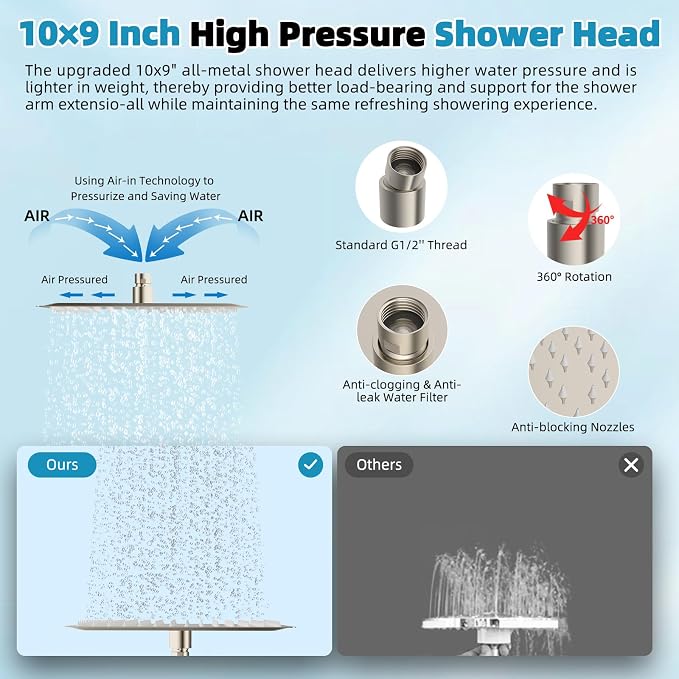 Hibbent 10'' Rainfall Showerhead with 4-mode Handheld Spray, Brushed Nickel | cUPC Certified High Pressure Showerhead Combo, 12'' Adjustable Extension Arm, Extension Bar, Easy Reach Holder, 71'' Hose