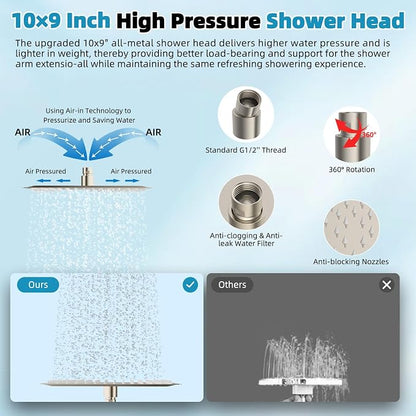 Hibbent 10'' Rainfall Showerhead with 4-mode Handheld Spray, Brushed Nickel | cUPC Certified High Pressure Showerhead Combo, 12'' Adjustable Extension Arm, Extension Bar, Easy Reach Holder, 71'' Hose