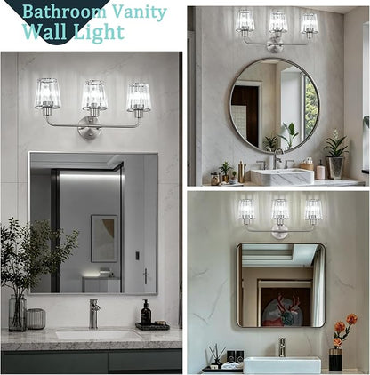 Brushed Nickel Vanity Lights 3-Light Crystal Bathroom Light Fixtures | Modern Bathroom Vanity Light E26 Wall Light over Mirror (Exclude Bulb)