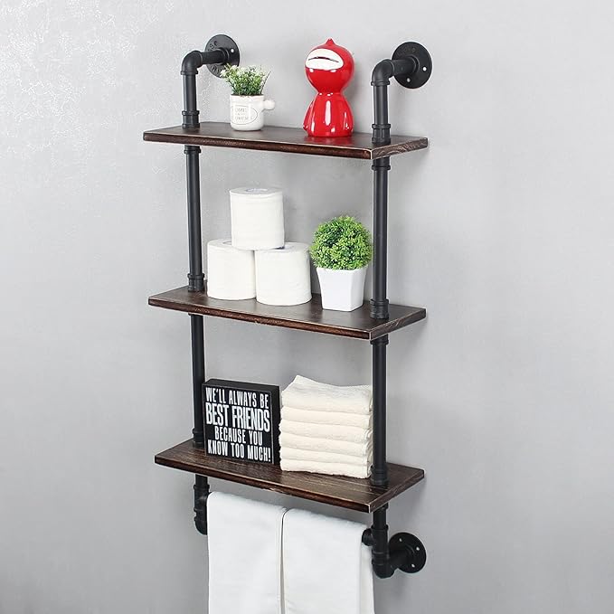 Industrial Pipe Shelf Bathroom Shelves Wall Mounted,19.6in Rustic Wood Shelf with Towel Bar,3 Tier Farmhouse Towel Rack Over Toilet,Pipe Shelving Floating Shelves Towel Holder,Retro Black