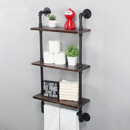 Industrial Pipe Shelf Bathroom Shelves Wall Mounted,19.6in Rustic Wood Shelf with Towel Bar,3 Tier Farmhouse Towel Rack Over Toilet,Pipe Shelving Floating Shelves Towel Holder,Retro Black