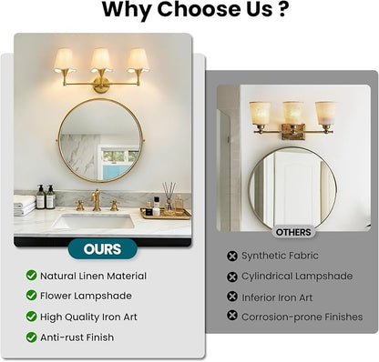 Gold Bathroom Vanity Light Fixtures: 3 Light Vanity Lighting Fixtures with Flared Fabric Shade, Brushed Gold Bathroom Lighting Fixture over Mirror, Wall Sconce Lights for Bedroom Hallway Living Room