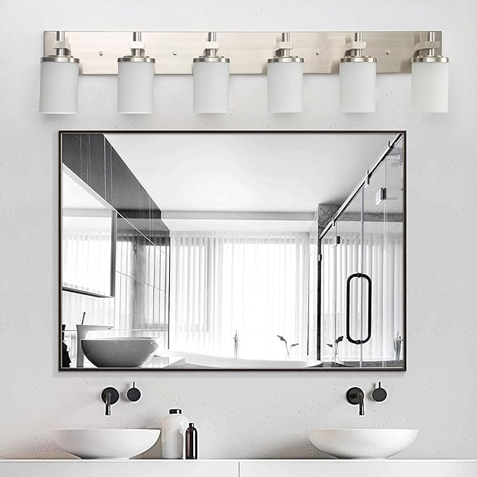 LOUSACE Bathroom Lighting Fixtures Over Mirror Brushed Nickel 6 Light Bathroom Vanity Lights with Opal White Glass Shades, Modern Vanity Wall Sconces Fixture for Bedroom Living Room