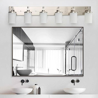 LOUSACE Bathroom Lighting Fixtures Over Mirror Brushed Nickel 6 Light Bathroom Vanity Lights with Opal White Glass Shades, Modern Vanity Wall Sconces Fixture for Bedroom Living Room