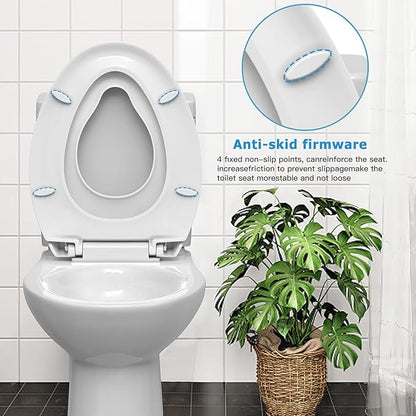 19" Elongated Toilet Seat 2-Piece Set for Adult and Child, Built-In Potty Training with Soft Quiet Close and Non-Slip Design, Magnetic Seat and Cover, White, Easy to Install