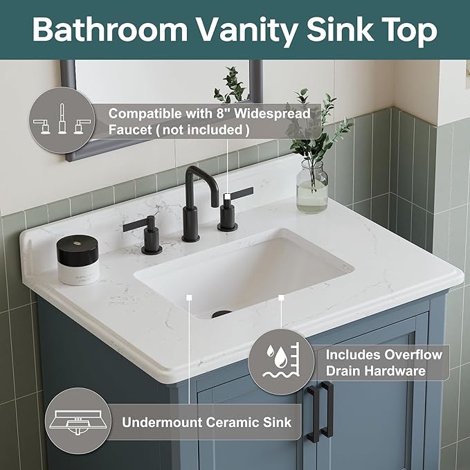 30 Inch Bathroom Vanity with Sink, Fully Assembled Bathroom Vanities with Quartz Countertop & Backsplash, 30 Inch Vanity with Sink, Soft Closing Doors & Dovetail Drawer, Steel Blue