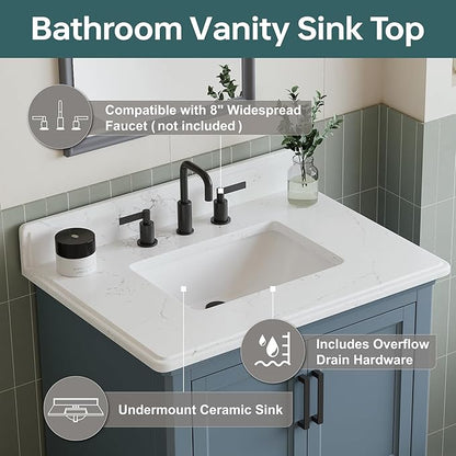 30 Inch Bathroom Vanity with Sink, Fully Assembled Bathroom Vanities with Quartz Countertop & Backsplash, 30 Inch Vanity with Sink, Soft Closing Doors & Dovetail Drawer, Steel Blue
