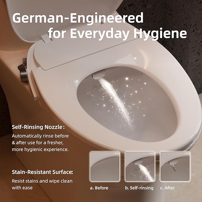 BRAVAT® Non-Electric Bidet Toilet Seat Elongated, Adjustable Water Pressure, Self-Cleaning Dual Nozzles, Easy 15-Min Installation, Ambient Water & Soft-Close, Front & Rear Wash, CUPC Certified, White