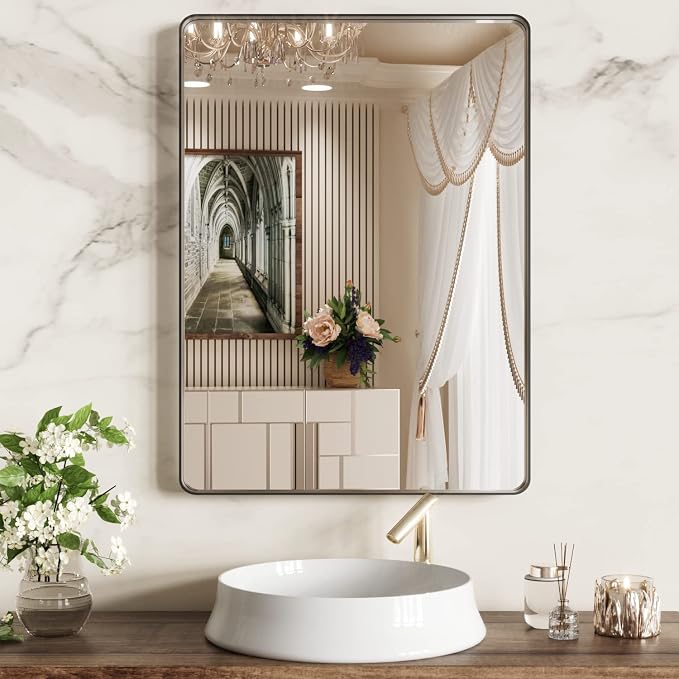 WEER Black Bathroom Mirror 22X30 Inch Metal Framed | Matte Black Bathroom Vanity Mirror, Rounded Rectangle, Tempered Glass, Anti-Rust, Hangs Horizontally or Vertically