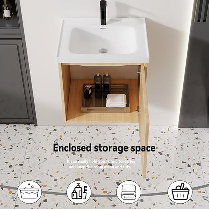 20'' Bathroom Vanity with Ceramic Sink Combo, Wall Mounted Small Bathroom Vanity with Soft-Close Door Modern Floating Cabinet, Pop-up Drain, P-Trap Included, Walnut(No Faucet)