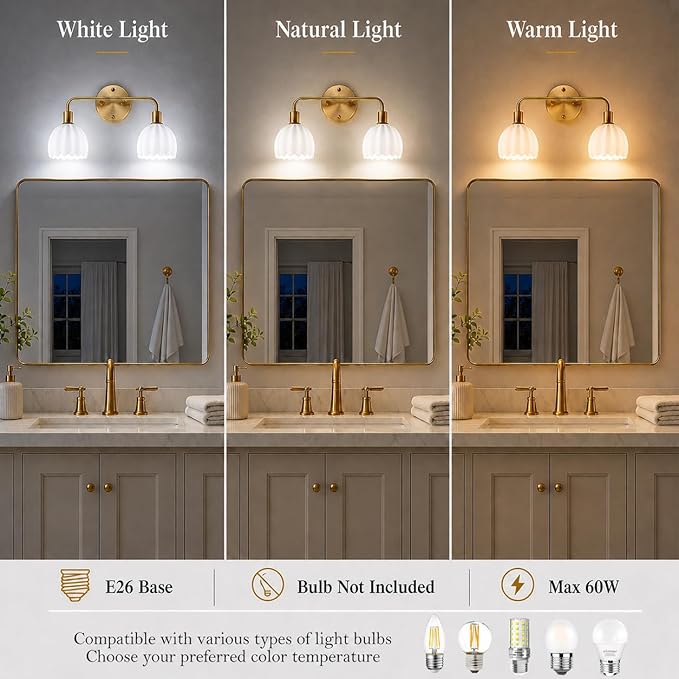 2-Light Gold Brass Bathroom Light Fixture,Wall Sconces,Brushed Gold Vanlity Light Over Mirror,Bathroom Vanity Light with White Glass Flower Shade,E26 Socket(Bulbs Not Included)