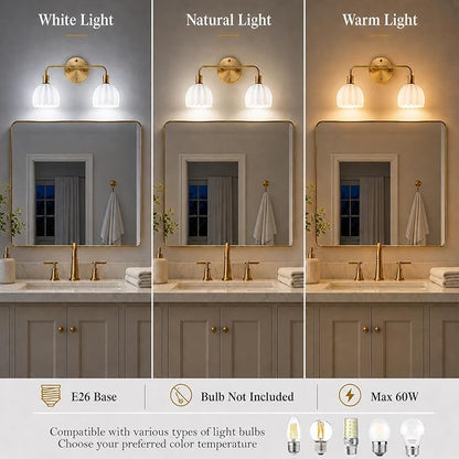 2-Light Gold Brass Bathroom Light Fixture,Wall Sconces,Brushed Gold Vanlity Light Over Mirror,Bathroom Vanity Light with White Glass Flower Shade,E26 Socket(Bulbs Not Included)