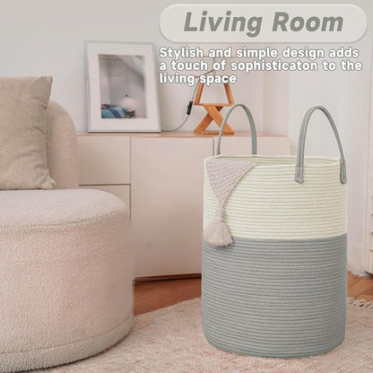 JMvicyroam 100L Cotton Rope Laundry Basket Hamper, White and Grey | Collapsible laundry basket, reinforced handles, freestanding, machine washable, holds 3-5 thick blankets, clothes or toys