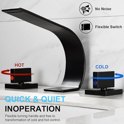 becola Black Bathroom Faucet 3 Hole,Ultrathin Low Arc 8 inch Widespread Bathroom Faucet,Waterfall Bathroom Faucet,2-Handle Modern Vanity Faucet with Hot and Cold Water Supply Hoses