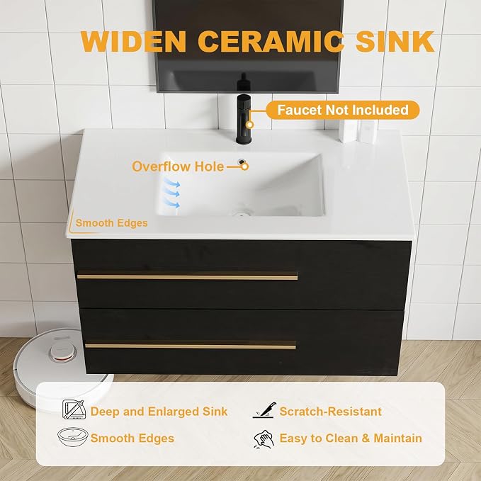 84 Inch Floating Double Sink Bathroom Vanity, Modern Bathroom Vanity with Sink & Large Storage Drawers, Wall Mounted Bathroom Sink Cabinet, Black&White