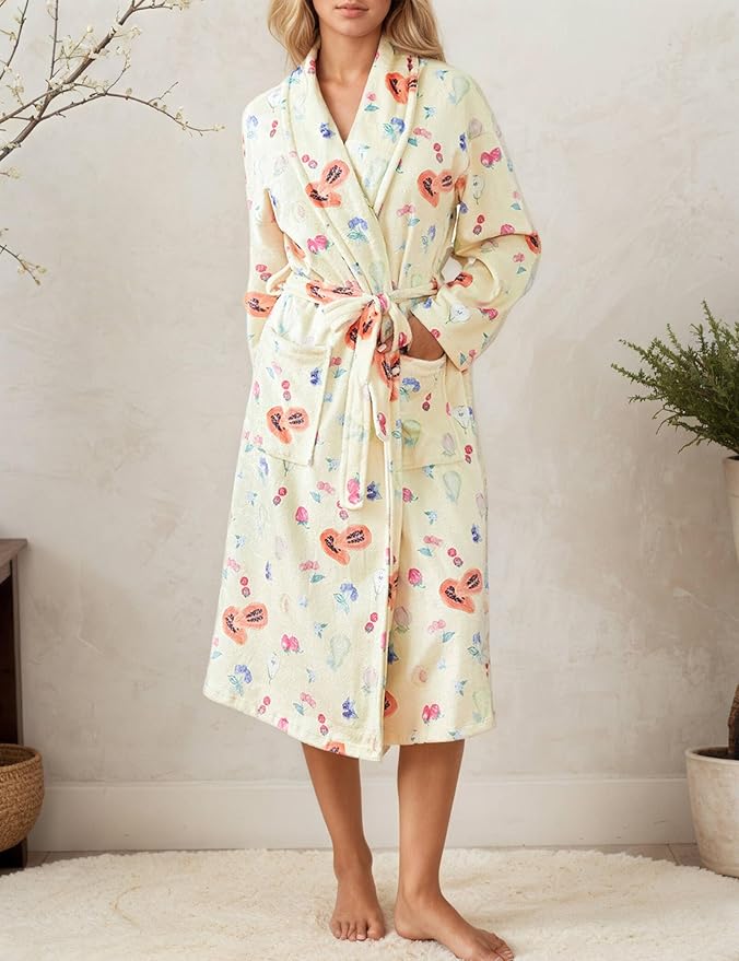 Women Fleece Fruit Print Robe Cute Robes for Women Spring Summer Lightweight Bathrobe Soft Flannel Gown with Belt