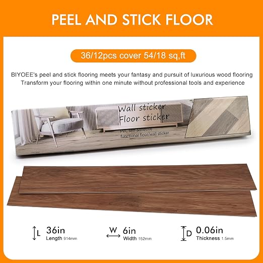 36-Pack 54 Sq.ft Peel and Stick Floor Tiles,Luxury Vinyl Flooring Wood Plank,Self-Adhesive Waterproof for Bedroom, Kitchen, Living Room Home Decor