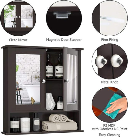 Tangkula Bathroom Medicine Cabinet with Mirror, Wall Mounted Wooden Hanging Organizer with Doors and Shelves, Bathroom Wall Mirror Cabinet (Mirror Doors, Brown)