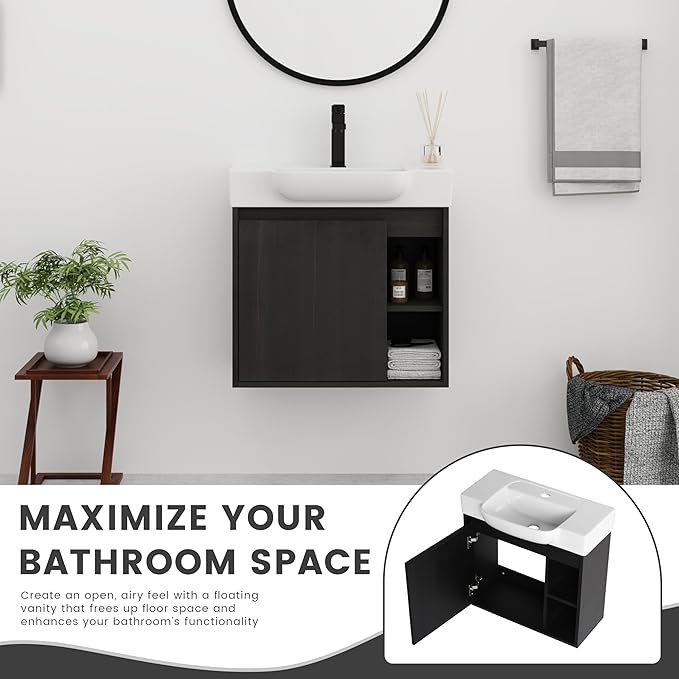 24 Inch Floating Vanity,24" Bathroom Vanity with Sink Combo,Modern Single Sink Bathroom Vanity Combo,Black Wall Mounted Cabinet Set
