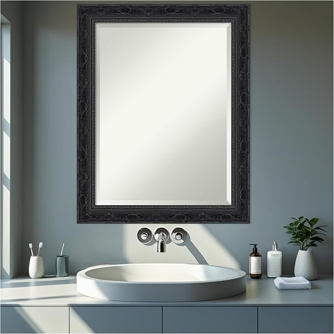 Amanti Art Black Bathroom Mirror for Over Sink, 28x22 Filigree Gloss Black Rectangle Vanity Mirror, Medium Traditional Frame, Hangs Horizonally and Vertically, Bathroom Wall Decor, Beveled Edge