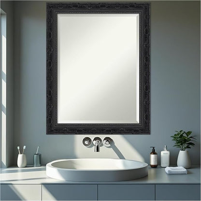 Amanti Art Black Bathroom Mirror for Over Sink, 28x22 Filigree Gloss Black Rectangle Vanity Mirror, Medium Traditional Frame, Hangs Horizonally and Vertically, Bathroom Wall Decor, Beveled Edge