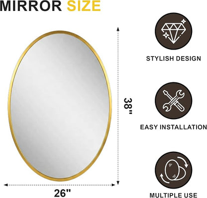 Oval Bathroom Mirror for Wall, 26"x38" Gold Bathroom Vanity Mirror | HD Shatterproof Glass, Metal Framed, Oval Vanity Mirrors for Bathroom, Bedroom, Living Room, Entryway, Horizontal or Vertical