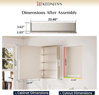 Keonjinn Brushed Nickel Medicine Cabinet Mirror 24" x 32", Assembly Needed, Recessed Medicine Cabinet with Mirror for Bathroom, Beveled Framed, Surface Wall-Mounted or Recessed, Tempered Glass