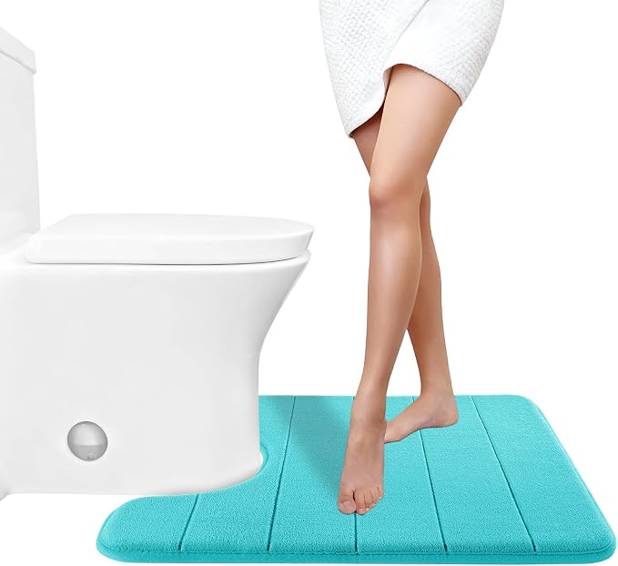 Yimobra Memory Foam Toilet Bath Mat U-Shaped, Soft and Comfortable, Super Water Absorption, Non-Slip, Thick, Machine Wash and Easier to Dry for Bathroom Commode Contour Rug, 24 X 20 Inches, Lake Blue