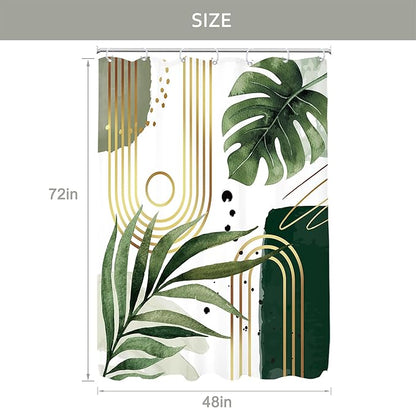 Glawry Green Gold Boho Mid Century Shower Curtain Small Stall RV Narrow Abstract Minimalist Modern Geometric Leaf Bathroom Simple 48Wx72L Inches Bath Accessories Art Home Decor Fabric 8 Pack Hook