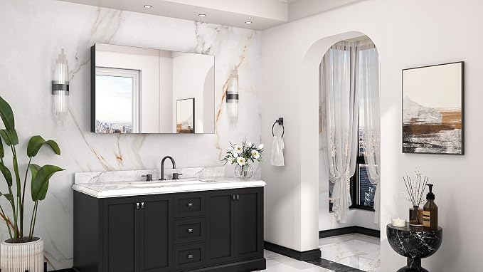 Keonjinn 40"x 26" Large Black Medicine Cabinet Mirror, HD Tempered Glass | Assembly Needed, Lightweight Aluminum Frame, Freely Adjustable Shelves, Surface Mount or Recessed, Soft Close, 3 Doors