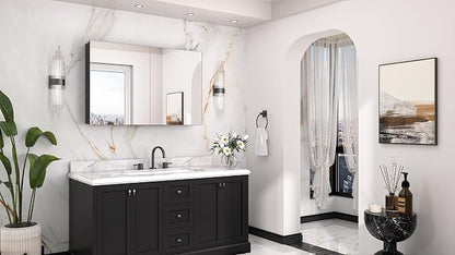 Keonjinn 40"x 26" Large Black Medicine Cabinet Mirror, HD Tempered Glass | Assembly Needed, Lightweight Aluminum Frame, Freely Adjustable Shelves, Surface Mount or Recessed, Soft Close, 3 Doors