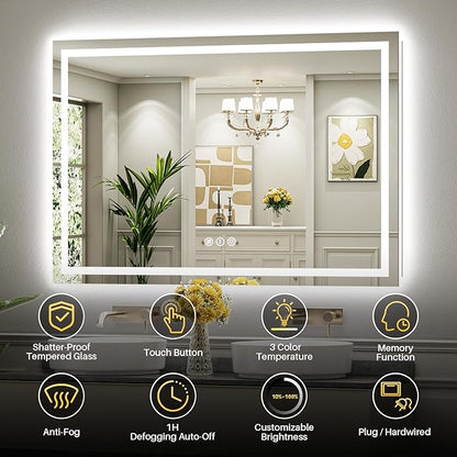 55x30 Inch LED Bathroom Mirror with Lights, Backlit & Front Lit, Anti-Fog Lighted Bathroom Vanity Mirror for Wall, Memory Function, Dimmable, HD Tempered Glass, Shatter-Proof