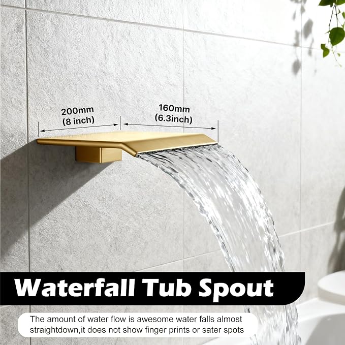 Midanya Shower System with Tub Spout,8 Inch Shower Head,Brushed Gold | with Valve & Trim Kit,Square Rain Head,Handheld Sprayer,Waterfall Spout,All Metal Wall Mount Bathroom Shower Tub Faucet Set