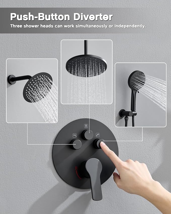 Iriber Matte Black Shower head with Handheld,8"+10" Rain Shower Faucet Set | 10 Inch Ceiling +8 Inch Wall Mount Dual Shower Heads,Push Button Diverter,3 Setting Handheld,Pressure Balance Valve Cartridge