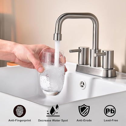 Brushed Nickel Bathroom Sink Faucet 2 Handle, 2 or 3 Hole 4 Inch Centerset Stainless Steel Bathroom Faucets with Pop up Drain, Vanity Faucet for Bathroom, Restroom, Rv, AML-21751-BN