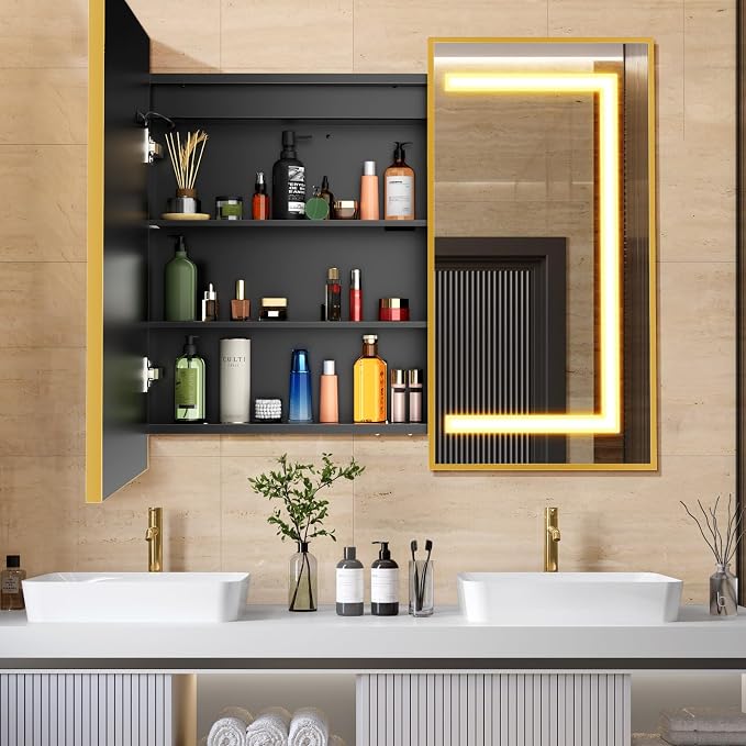 APRILSOUL 36x30 Inch Lighted Bathroom Medicine Cabinet with Mirror, Gold Recessed or Surface Mount Medicine Cabinet Mirror with Storage and LED Lights, 3 Colors Temperature, Dimmable Light