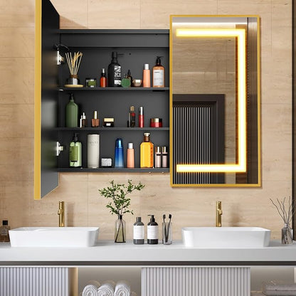 APRILSOUL 36x30 Inch Lighted Bathroom Medicine Cabinet with Mirror, Gold Recessed or Surface Mount Medicine Cabinet Mirror with Storage and LED Lights, 3 Colors Temperature, Dimmable Light