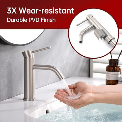 SUMERAIN Bathroom Sink Faucet Brushed Nickel Single Handle | Modern, Lead-Free, Stainless Steel, Single Hole, with Faucet Supply Lines, Easy DIY Install