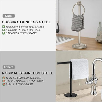 Hoimpro Hand Towel Holder Free Standing Towel Bar Brushed Nickel | Hanging Floor Hand Towel Rack Ring, for Bathroom Kitchen Vanity Countertops, Hardware Accessories SUS 304 Heavy-Duty Base