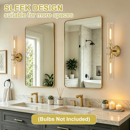 Indoi Wall Sconces Set of Two, Hardwired Brushed Gold Bathroom Sconces Wall Lighting with Amber Glass, Modern Sconces Wall Decor Set of 2 Vanity Light fixtures for Bathroom Mirror Bedroom